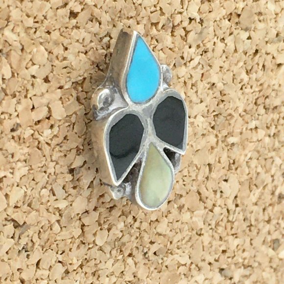 ZUNI thunderbird tie tack - sterling silver turquoise onyx inlay - hat lapel pin - Picture 2 of 7